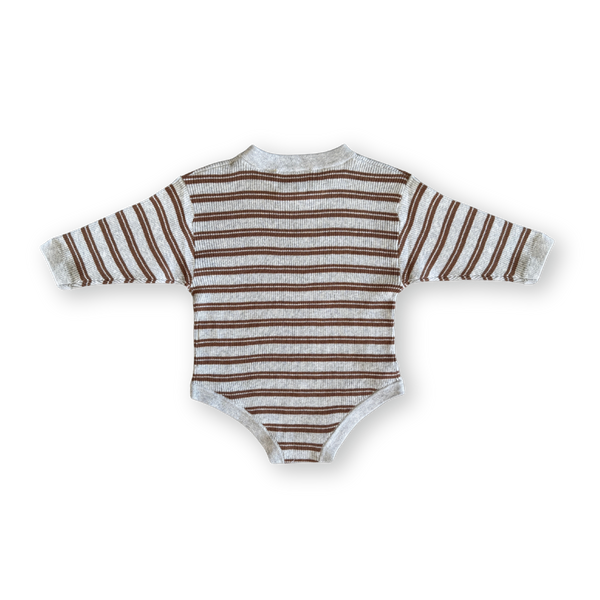 Organic Ribbed Stripe Knit Romper - Grey Marle/Brownie