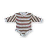 Organic Ribbed Stripe Knit Romper - Grey Marle/Brownie