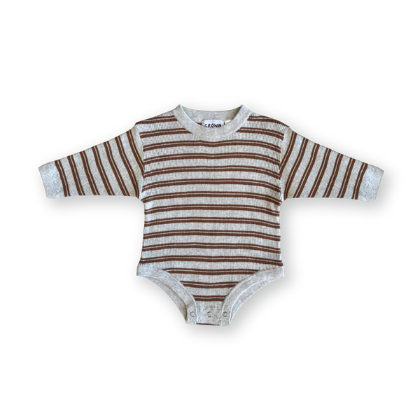 Organic Ribbed Stripe Knit Romper - Grey Marle/Brownie