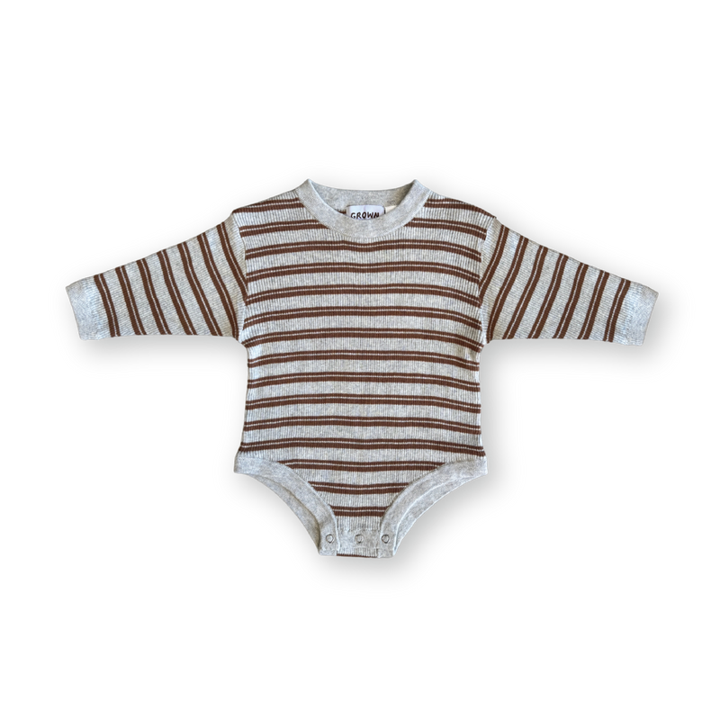 Organic Ribbed Stripe Knit Romper - Grey Marle/Brownie