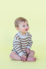 Organic Ribbed Stripe Knit Romper - Grey Marle/Brownie