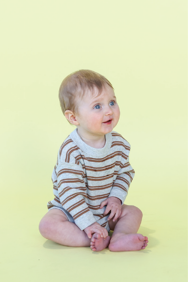 Organic Ribbed Stripe Knit Romper - Grey Marle/Brownie