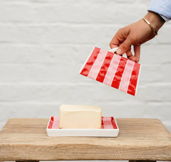 Large Butter Dish | Red + Pink Stripe