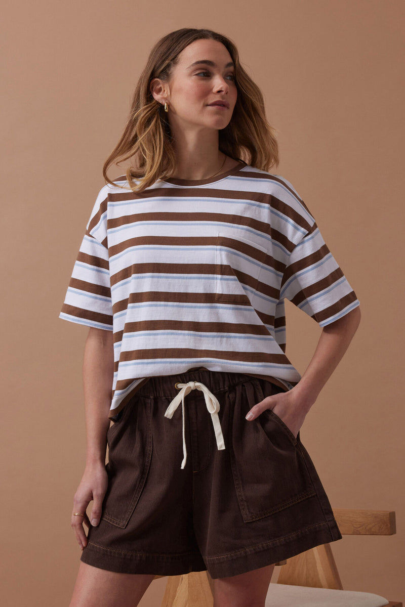 Boa Boxy Pocket Tee - White/Milk Choc Chalk Stripe