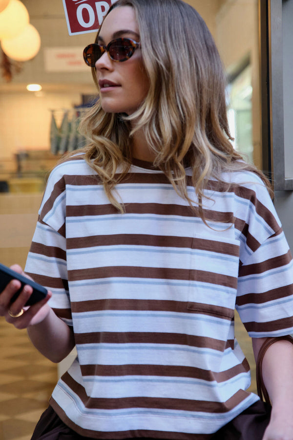 Boa Boxy Pocket Tee - White/Milk Choc Chalk Stripe